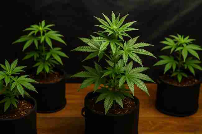 Indoor cannabis plants in fabric pots, illustrating how hydrogen peroxide can disrupt soil microbes in organic cannabis gardens.