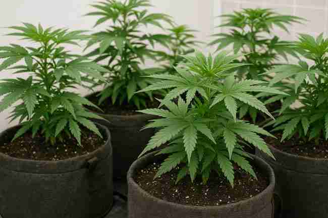 Healthy cannabis plants in fabric pots with rich soil and perlite, representing organic-friendly alternatives to hydrogen peroxide in gardens.
