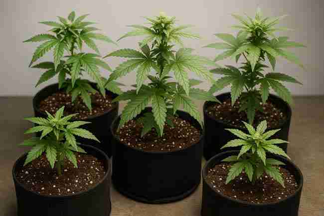 Six cannabis plants in fabric pots, symbolizing compatibility checks between hydrogen peroxide and organic gardening practices.
