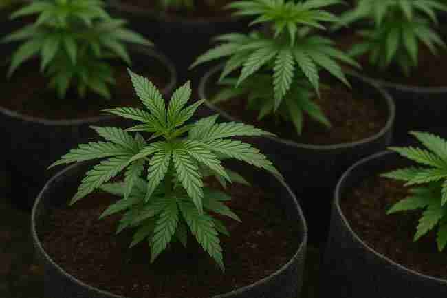 Close-up of cannabis plants in fabric pots with dark soil, representing the pros and cons of hydrogen peroxide in organic cannabis gardens.