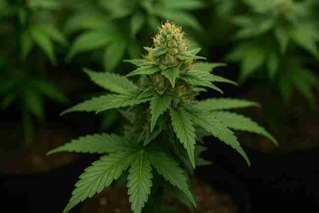 Close-up of a budding cannabis cola covered in trichomes and orange pistils, representing the choice between hydrogen peroxide and organic alternatives.