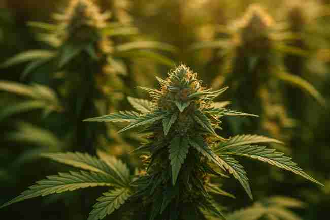 Cannabis bud coated in trichomes under warm sunlight, symbolizing organic-first action steps instead of hydrogen peroxide in cannabis gardens.