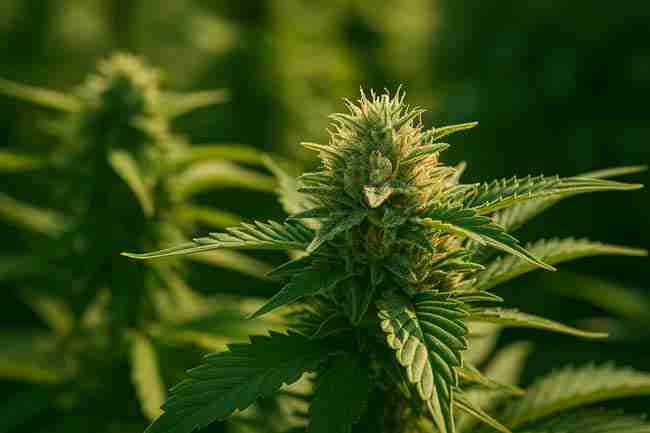 Cannabis cola covered in trichomes under sunlight, representing the key takeaways of hydrogen peroxide use in organic cannabis gardens.