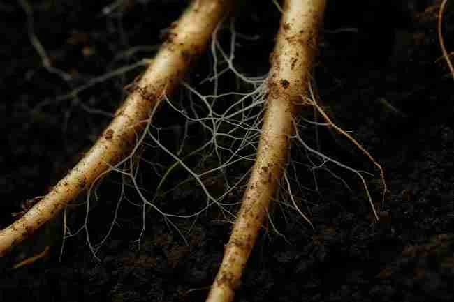 Macro photo of cannabis roots colonized by mycorrhizal fungi hyphae in rich soil, showing symbiotic partnership.