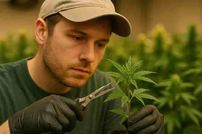Indoor cannabis grower wearing gloves and cap carefully tending to young cannabis plant with pruning shears.