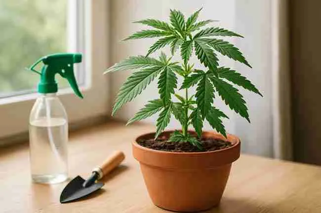 Cannabis plant growing in terracotta pot on windowsill with spray bottle and trowel, symbolizing gentle care and adjustments.