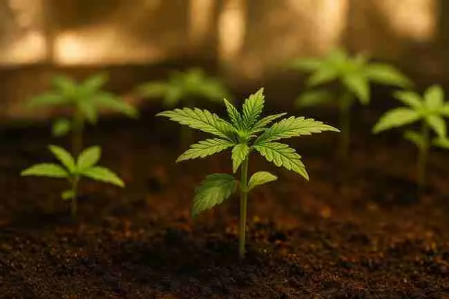 Cannabis seedlings in early growth under warm indoor light, symbolizing balanced benefits and challenges of mycorrhizae use.
