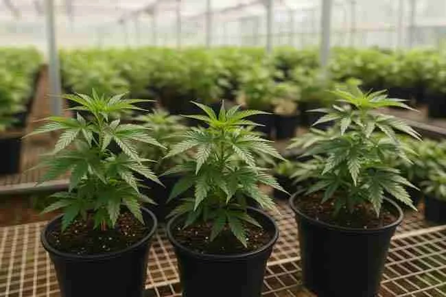 Cannabis plants in black pots thriving inside a greenhouse under diffused daylight, symbolizing structured growing strategies.