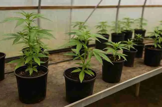 Indoor greenhouse with cannabis plants in black pots at different growth stages under soft natural light.
