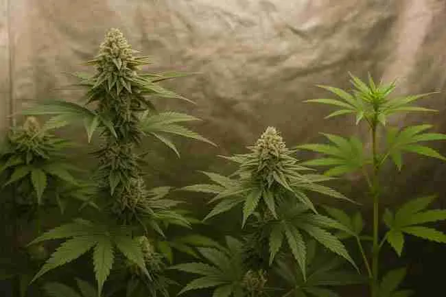 Cannabis plants growing inside a small indoor grow tent under warm light, showing healthy buds and leaves.