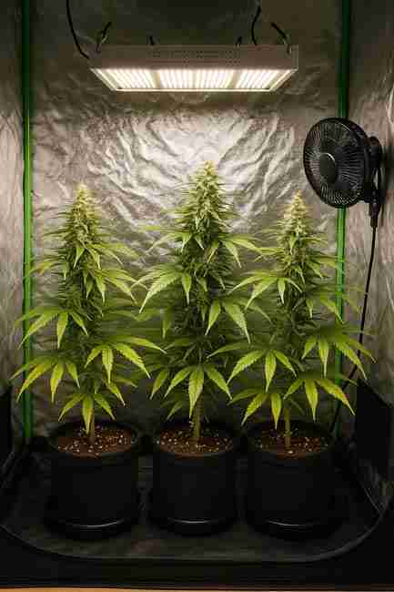 Three flowering cannabis plants in fabric pots inside a reflective grow tent, under LED lighting with a circulation fan.