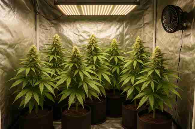 Five flowering cannabis plants in fabric pots inside a reflective grow tent, lit by LED panel with circulating fan.