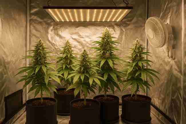 Four flowering cannabis plants in fabric pots inside a reflective grow tent, lit by LED lighting with side airflow fan.