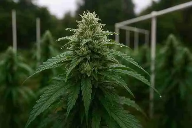 Cannabis rain shelter protecting outdoor cannabis plants from rain, showing airflow gaps and ventilation to prevent bud rot.