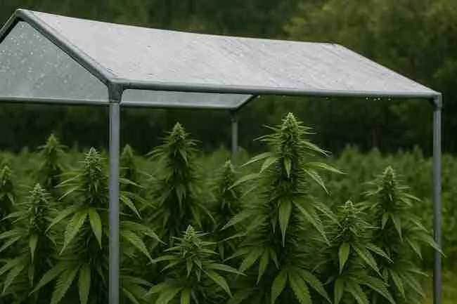 Breathable cannabis rain shelter showing roof vents, open sides, and airflow design protecting cannabis plants from humidity and rain.