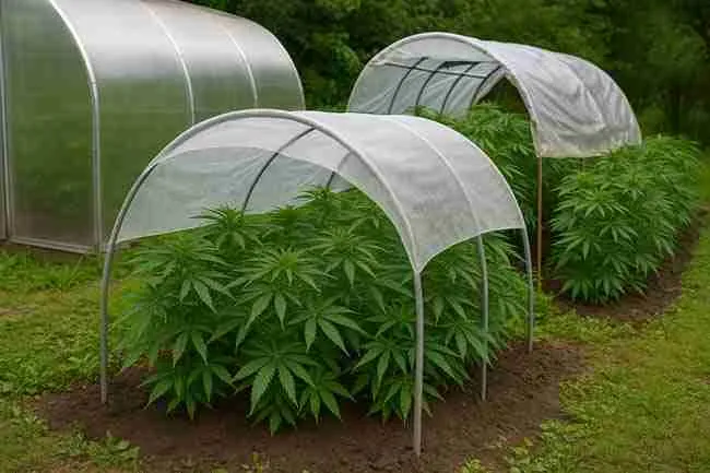 Different cannabis rain shelter materials including polycarbonate panels, breathable fabric, and shade cloth used to protect outdoor cannabis plants.