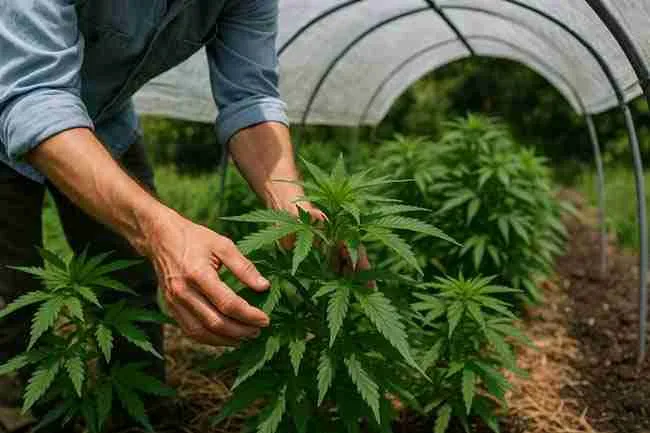 Different cannabis rain shelter designs including hoop houses, A-frame tarps, and pergola roofs protecting cannabis plants from rain while allowing airflow.