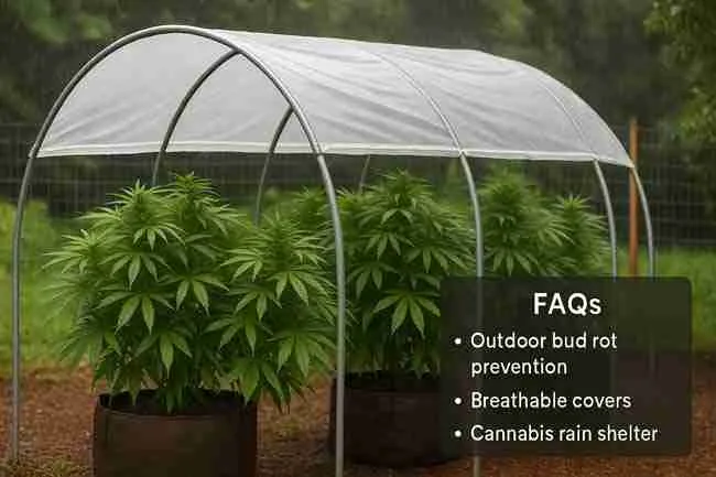 Side-by-side outdoor cannabis rain shelters showing budget tarp design, mid-range lean-to, and premium hoop house with roll-up sides.