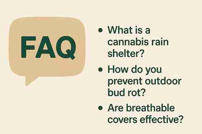 Outdoor cannabis rain shelter with labeled specifications such as ridge vent, roof pitch, canopy clearance, and overhang protecting cannabis plants.