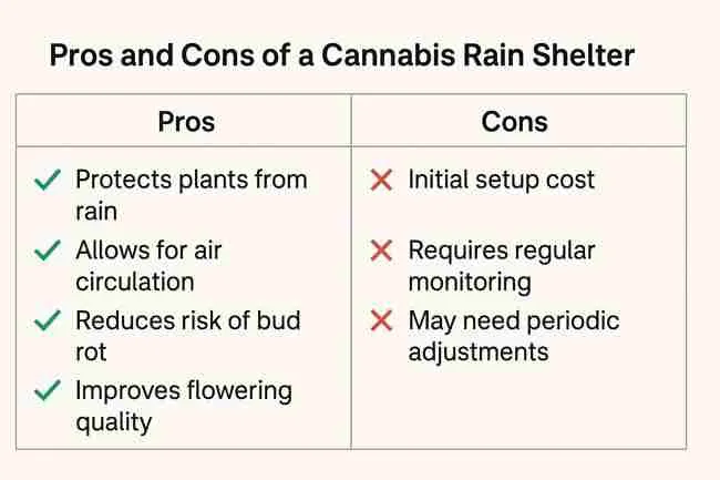 Comparison image showing pros and cons of cannabis rain shelters highlighting airflow, rain protection, and maintenance needs for outdoor cannabis grows.