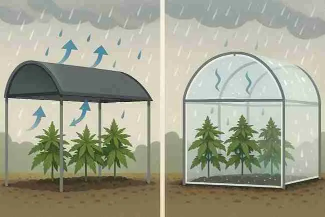 Side-by-side comparison of breathable cannabis rain shelter with shade cloth allowing airflow versus plastic greenhouse trapping humidity with condensation.