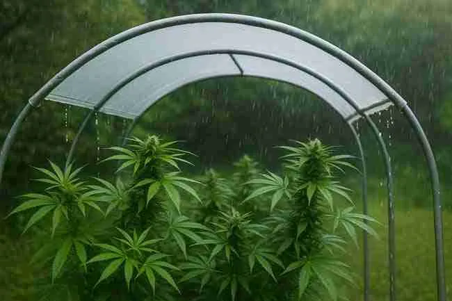 Cannabis plants under a rain shelter during a storm showing ventilation, rainwater runoff, and a gardener adjusting side vents for airflow and moisture control.