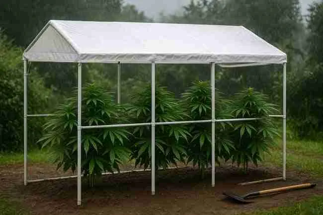 A-frame cannabis rain shelter being built with posts, ridge pole, tarp roof, and ridge cap protecting cannabis plants in a rainy garden.