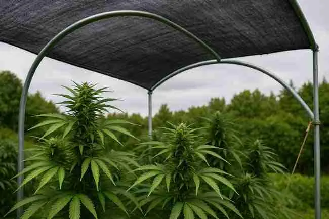Healthy cannabis plants under a breathable rain shelter with open sides and shade cloth roof, showing airflow and sunlight after rainfall.