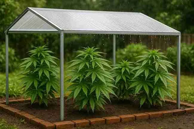 Outdoor cannabis plants under a rain shelter with open airflow representing cannabis rain shelter FAQs and healthy plant conditions.