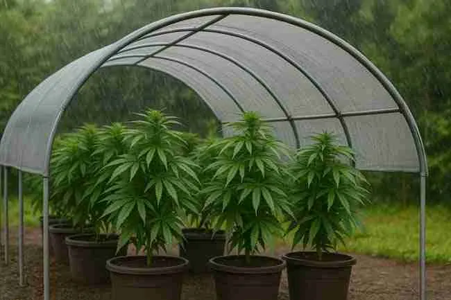 Outdoor cannabis plants thriving under a breathable rain shelter after rainfall, symbolizing the success of proper cannabis rain shelter design.
