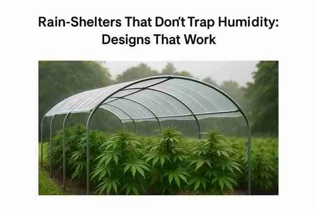 Outdoor cannabis garden with hoop-style rain shelter protecting healthy plants from rain, illustrating cannabis rain shelter design.