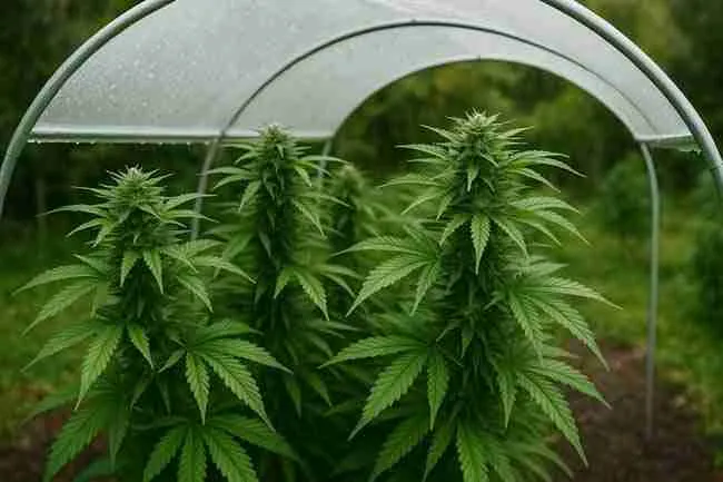 Cannabis plants under a poorly ventilated plastic shelter showing condensation and humidity buildup that can cause bud rot.
