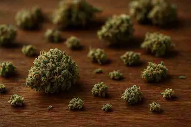 Tools like hygrometer, thermometer, fan, humidifier, and dehumidifier arranged near hanging cannabis branches in a clean, organized drying space.