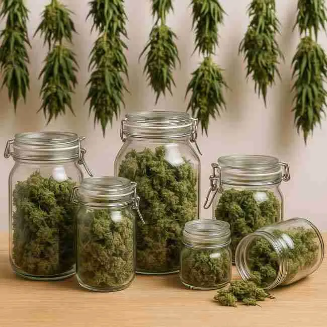 Hygrometer, thermometer, fan, carbon filter, scissors, gloves, and jars arranged neatly near hanging cannabis branches in a drying workspace.