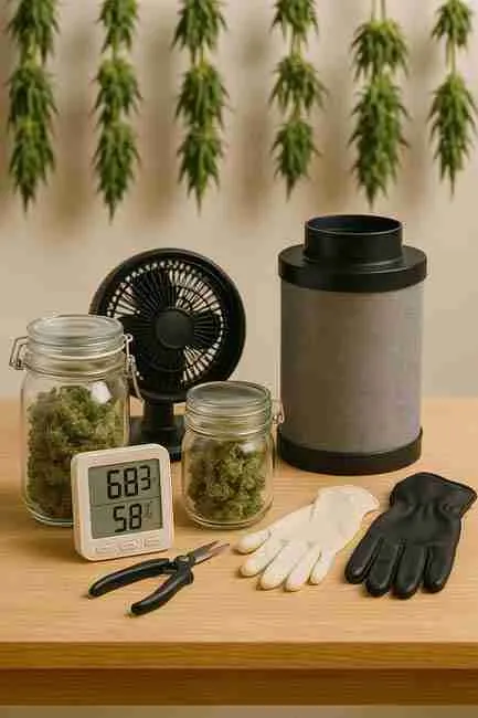 Comparison of freshly harvested buds being trimmed with scissors beside dried buds trimmed later, in a clean, well-lit drying workspace.