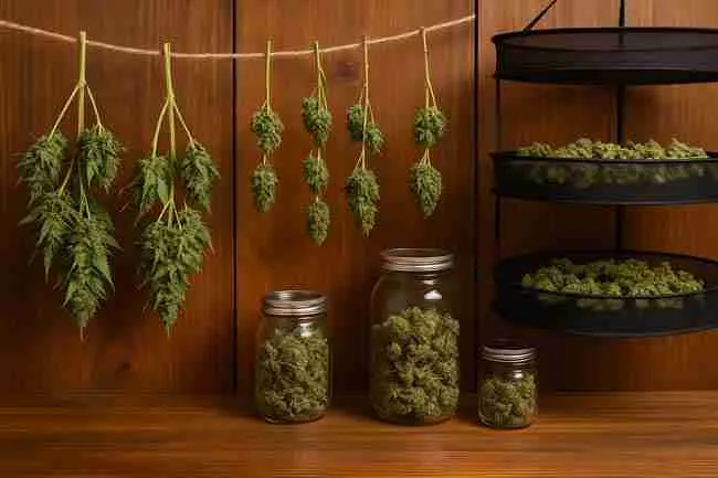 Glass jars filled with dried buds on a wooden table, hygrometer showing 60% humidity, humidity packs, and a grower’s hand opening a jar to burp it in a dimly lit drying room with hanging plants.