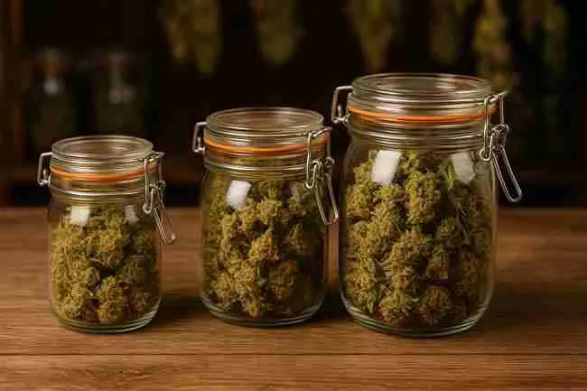 Grower admiring jars of cured buds on a wooden table with hanging branches in the background, warm light highlighting smooth, terpene-rich results and drying balance.