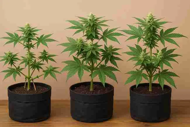 Three cannabis plants side by side in fabric pots showing quadline, manifold, and mainline training styles with lush green foliage under grow lights.