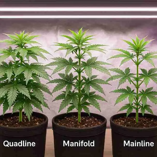 Close-up of a cannabis plant trained using the quadline method showing four main branches spread evenly outward under LED grow lights in a small indoor tent.
