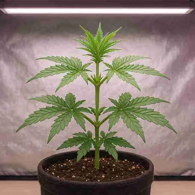 Cannabis plant trained with the manifold method showing a symmetrical Y-shaped structure with two main stems under LED grow light in an indoor tent.