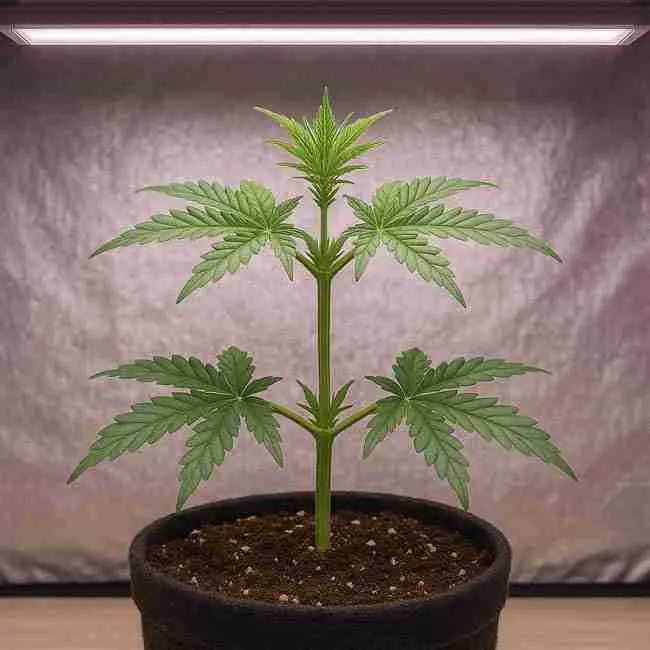 Cannabis plant trained using the mainline technique showing a central hub with evenly spaced symmetrical branches under LED grow lights in an indoor reflective tent.