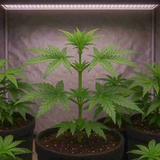 Top-down view of multiple cannabis plants arranged evenly in an indoor grow tent showing optimized canopy coverage, reflective walls, and LED grow lighting.