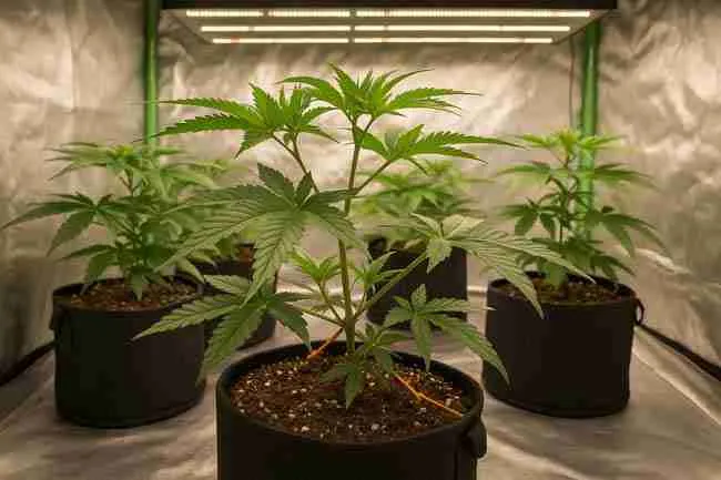 Indoor grow tent with cannabis plants in fabric pots under LED lights showing different training structures representing quadline, manifold, and mainline specifications.