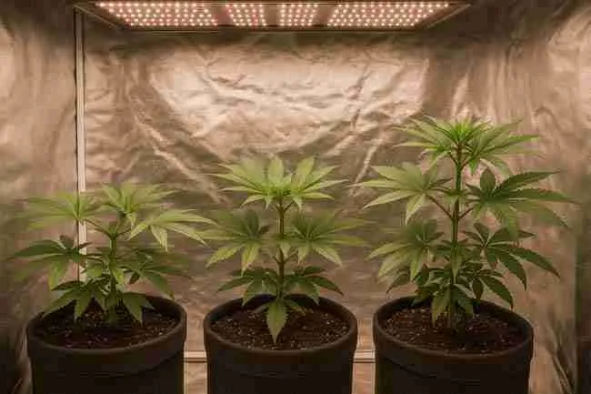 Three cannabis plants grown with quadline, manifold, and mainline techniques in an indoor tent under LED lights showing canopy density, symmetry, and yield potential per square foot.