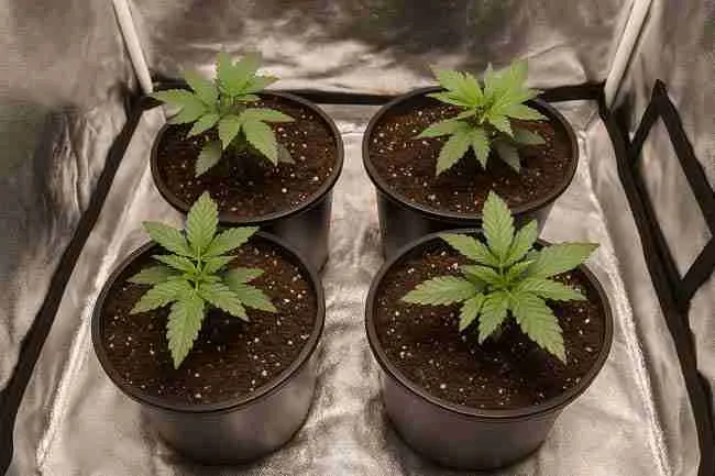 Indoor cannabis canopy with evenly spaced plants under LED lighting showing flat canopy level, balanced airflow, and healthy green leaves with good light penetration.