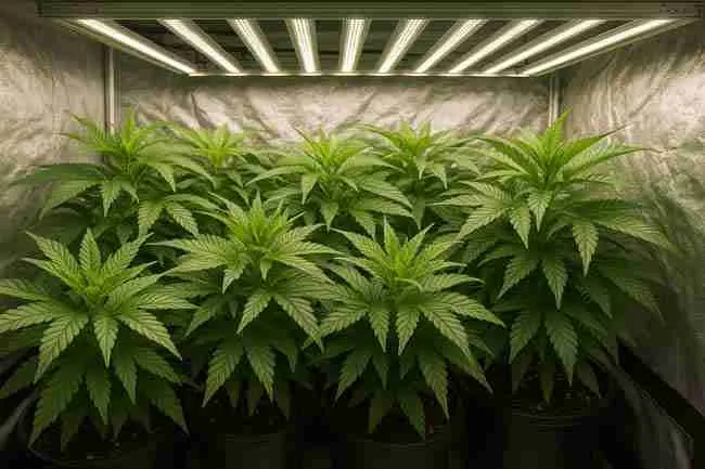 Indoor cannabis plants in fabric pots recovering under LED lights after training, showing lush green foliage, healthy soil, and balanced lighting inside a reflective grow tent.