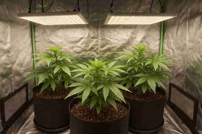 Side-by-side comparison of cannabis plants showing smaller compact autoflowers and larger trained photoperiods growing under LED lights in an indoor reflective grow tent.