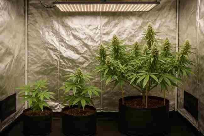 Indoor cannabis grow tent with plants in different pot sizes from small to large under LED lights showing canopy coverage and plant count optimization for 2x2, 2x4, and 3x3 setups.