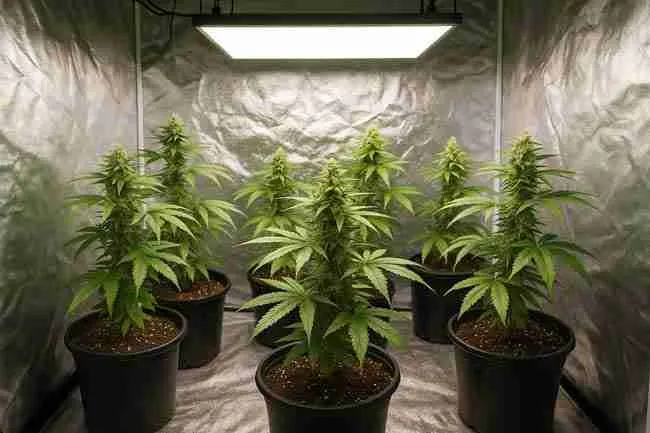 Indoor cannabis grow tent with a single quadline-trained plant showing even canopy and healthy buds under LED lights, demonstrating real-life quadline cannabis growth stages.