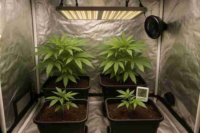 Indoor cannabis grow tent with healthy plants, LED light, fan, hygrometer, pruning tools, and training ties representing a grower’s practical cannabis training checklist setup.